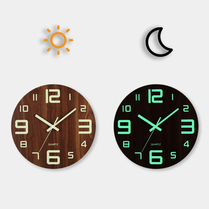 Luminous Wall Clock – Silent Wooden Nordic Glow-in-the-Dark Quartz Clock