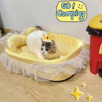 Cute Lace-Trimmed Pet Cat Princess Sofa Bed Four Seasons Washable Removable Soft Plush Oval Small