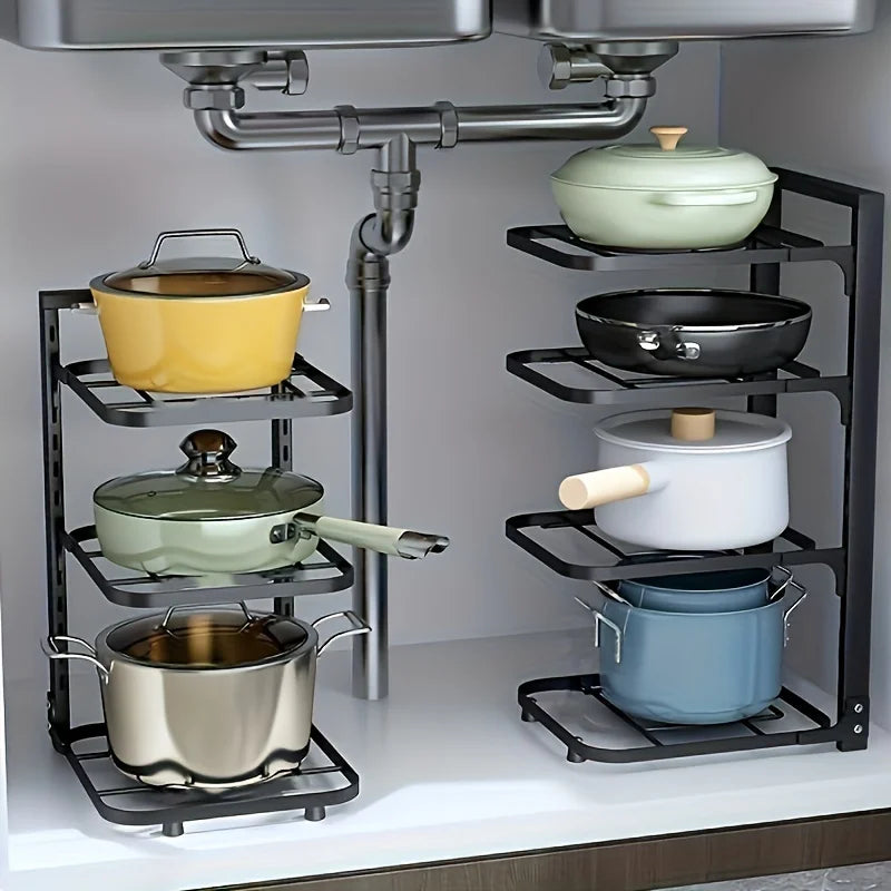 Multi-Tier Pot Rack Organizer – Adjustable Carbon Steel
