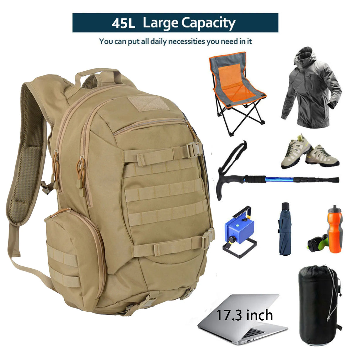 45L Waterproof Tactical Hiking and Fishing Backpack