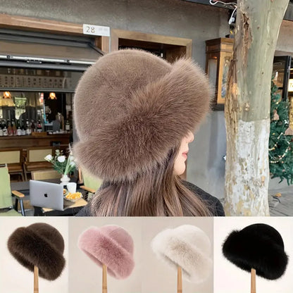 Faux Fur Winter Hat for Women – Fluffy Warm Bucket Cap