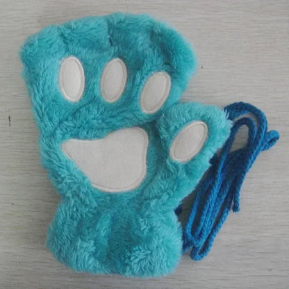 Cute Plush Cat Paw Fingerless Gloves, Warm & Soft Winter Mittens