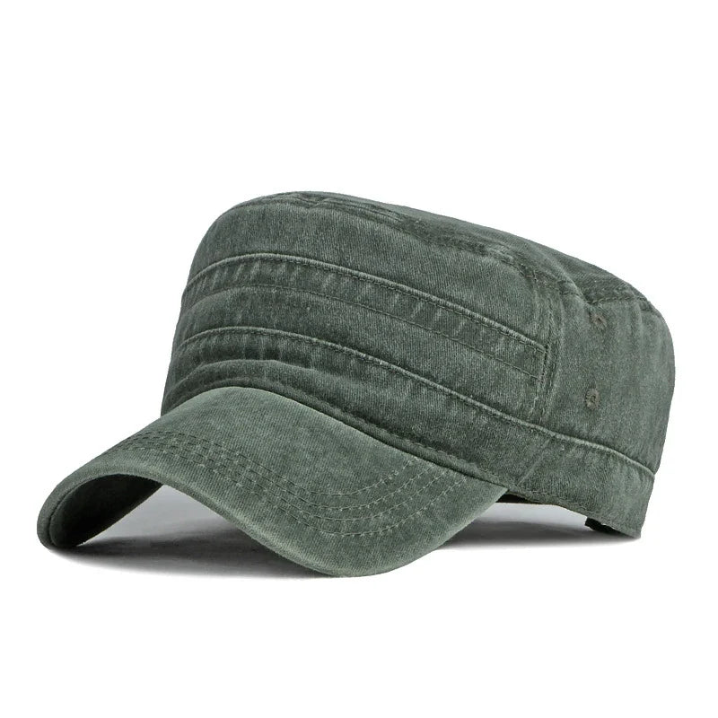 Military Flat Top Cap – Washed Cotton Army Hat for Men & Women