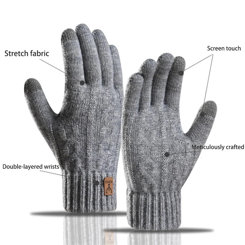 Men’s Thermal Wool Knitted Gloves, Touchscreen & Non-Slip for Winter Activities