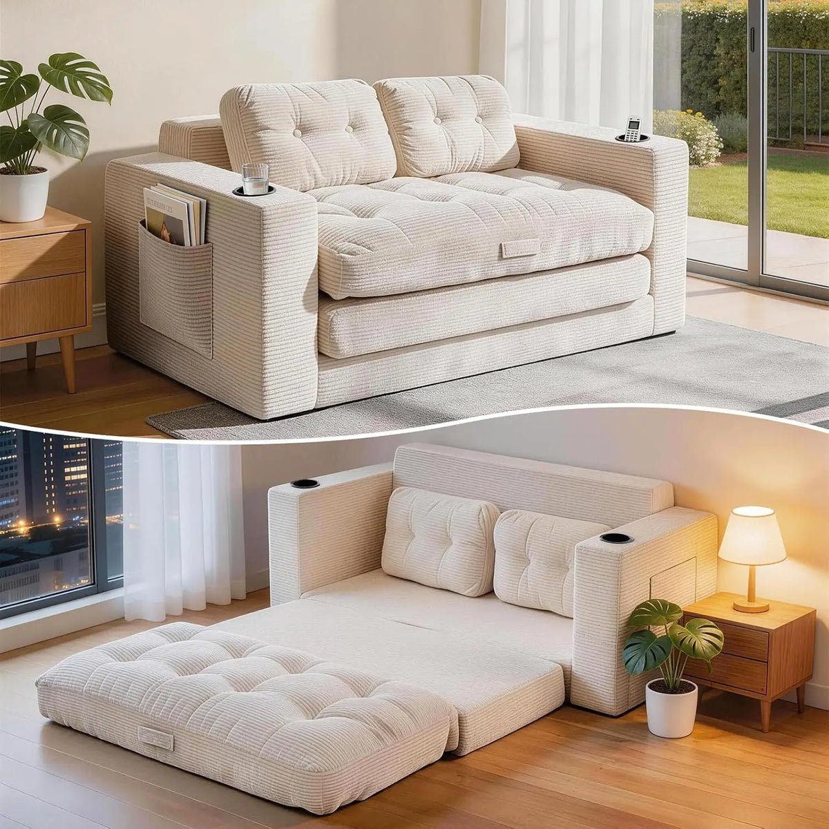 Convertible Corduroy Loveseat Sleeper Sofa Bed with Cup Holders