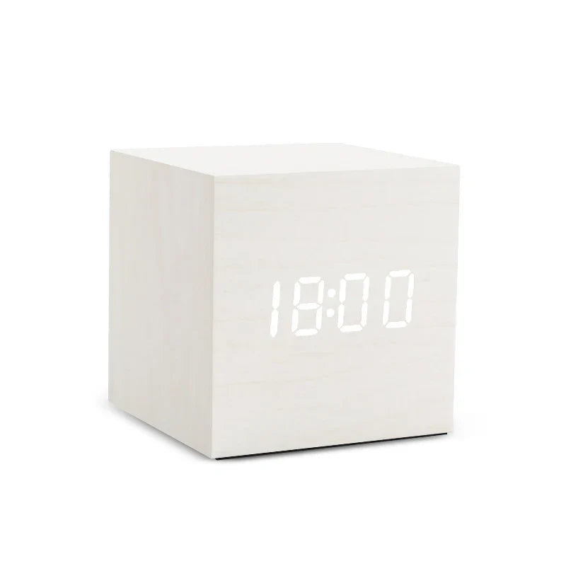Wooden LED Digital Alarm Clock – Voice Control, Temp & Humidity