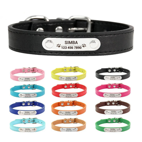 Personalized Dog Collar Name Carved Id Anti-Lost Solid Pu Leather Small Medium Large Dogs Puppy Cat
