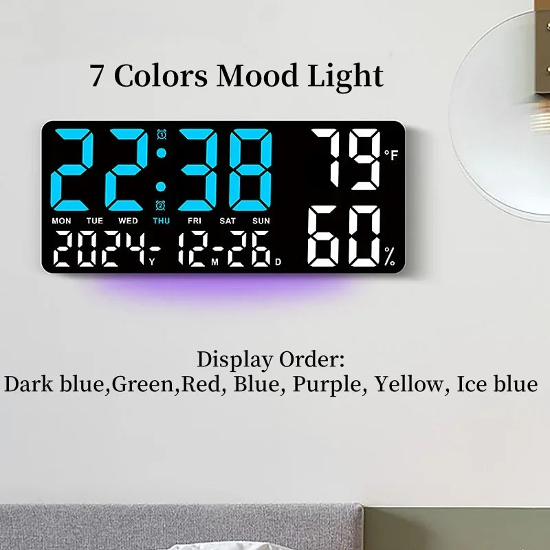Large LED Digital Wall Clock – 7-Color Mood Light & Dual Alarm