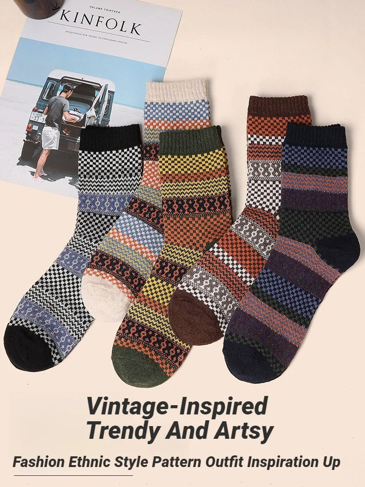 5-Pair Men’s Thick Wool Winter Socks, Warm Retro Style for Snow Boots