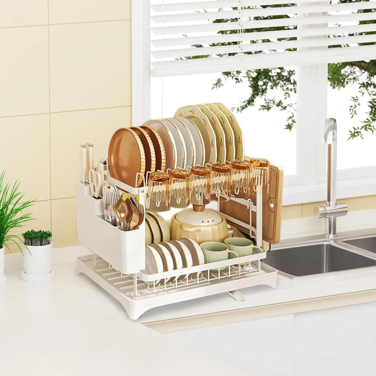 2-Tier Dish Drying Rack with Drainer Tray & Utensil Holder