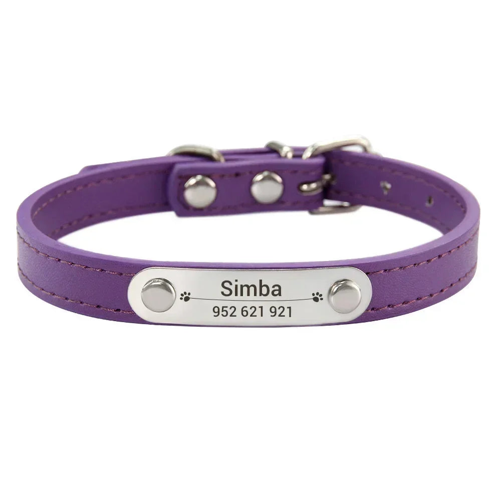 Personalized Dog Collar Name Carved Id Anti-Lost Solid Pu Leather Small Medium Large Dogs Puppy Cat