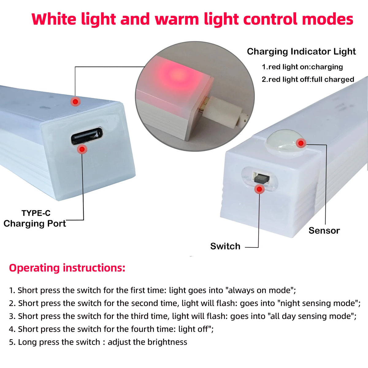 Motion Sensor LED Night Light – USB-C Rechargeable Cabinet Light