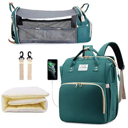 3-in-1 Diaper Bag Backpack – Foldable Baby Bed & USB Charging