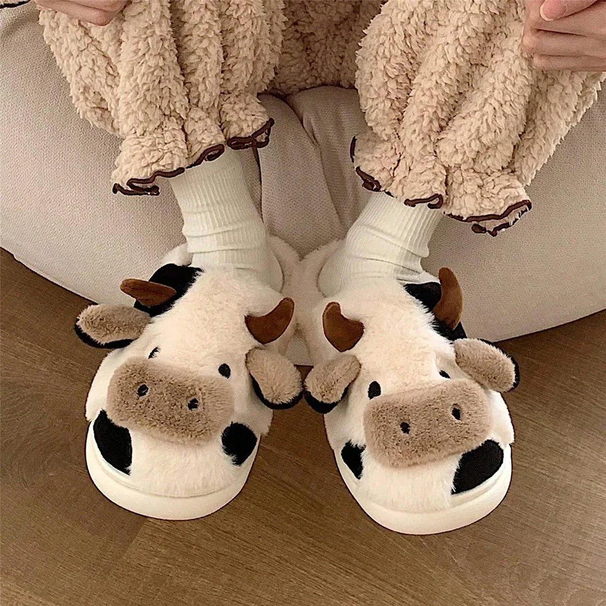 Cute Cow Plush Slippers – Warm Non-Slip Winter House Shoes