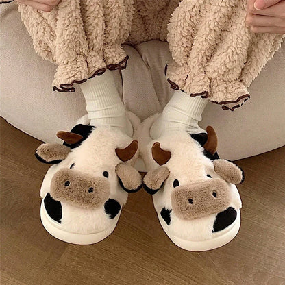 Cute Cow Plush Slippers – Warm Non-Slip Winter House Shoes