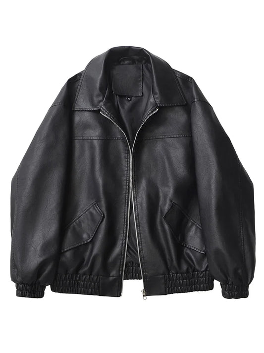 Faux Leather Jacket Women Loose Retro Zip Streetwear Coat