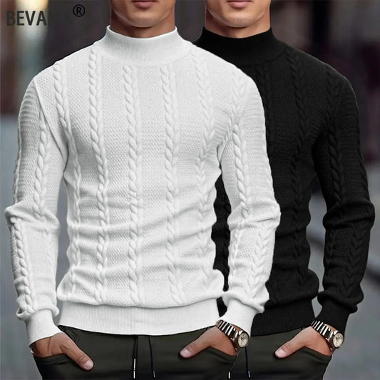 Men’s Vintage Cable-Knit Turtleneck Sweater, Slim-Fit Warm Winter Knitwear