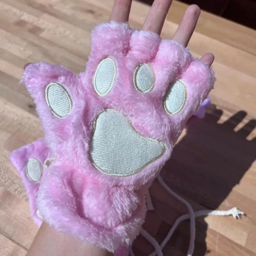 Cute Plush Cat Paw Fingerless Gloves, Warm & Soft Winter Mittens