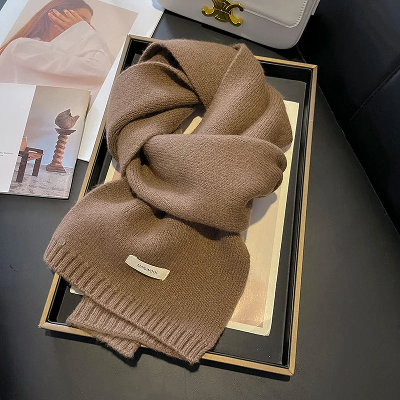 100% Wool Knitted Scarf – Women's Thick Solid Color Winter Shawl