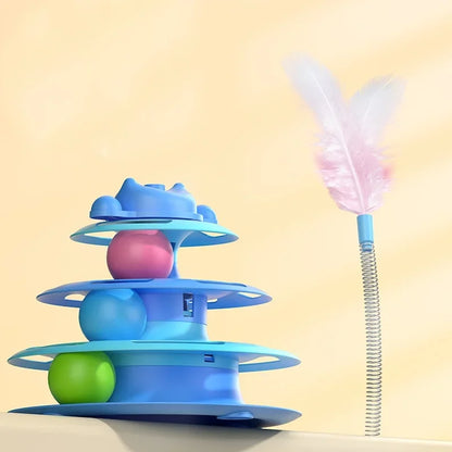 Pattern Feather Cat Toy Three-Layer Rotating Tower Ball