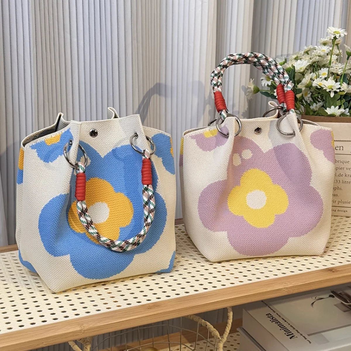 Retro Knitted Color Block Bucket Handbag