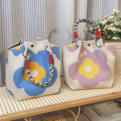 Color-Block Knitted Bucket Bag – Retro Striped Handbag