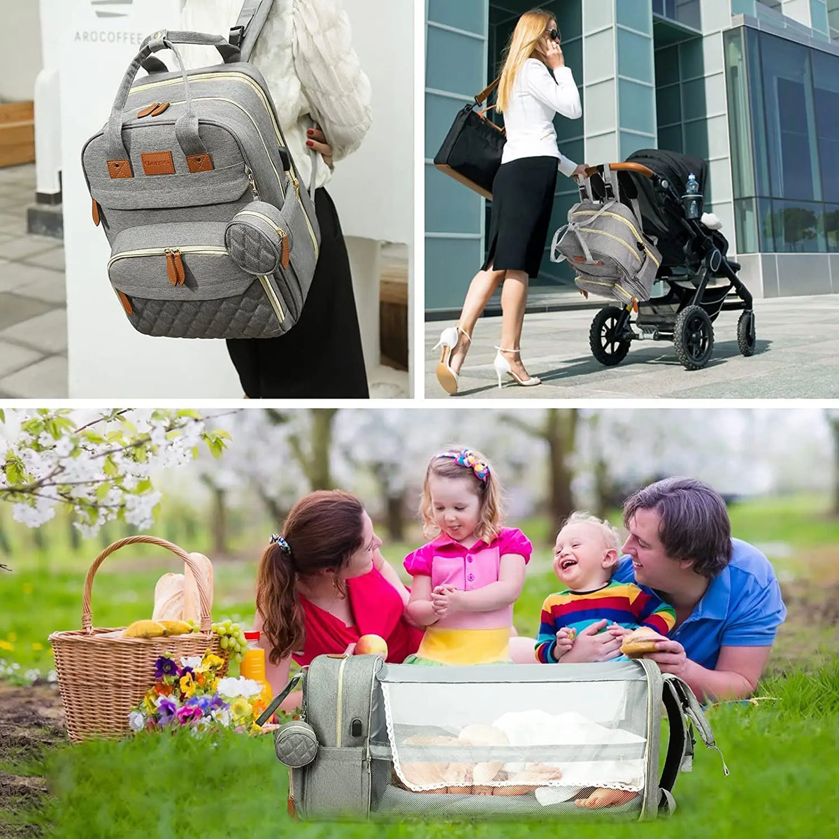 3-in-1 Diaper Bag Backpack with Foldable Baby Bed & USB Charge