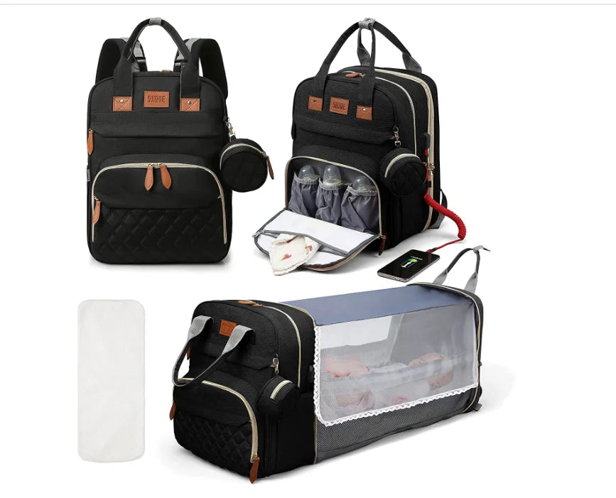 3-in-1 Diaper Bag Backpack with Foldable Baby Bed & USB Charge