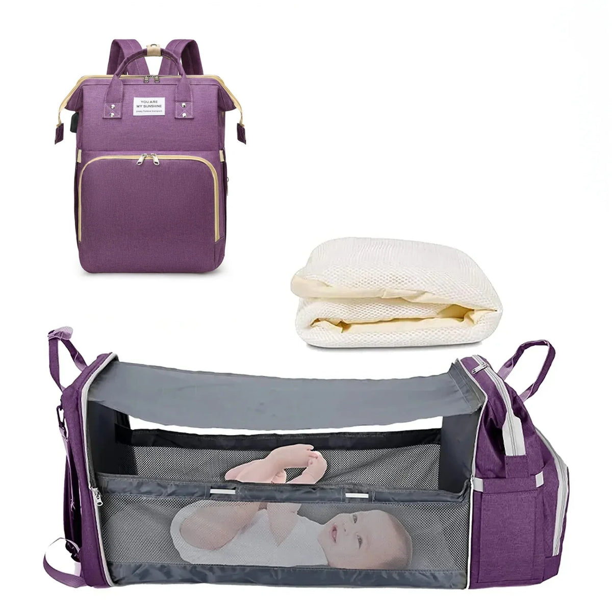 3-in-1 Diaper Bag Backpack with Foldable Baby Bed & USB Charge
