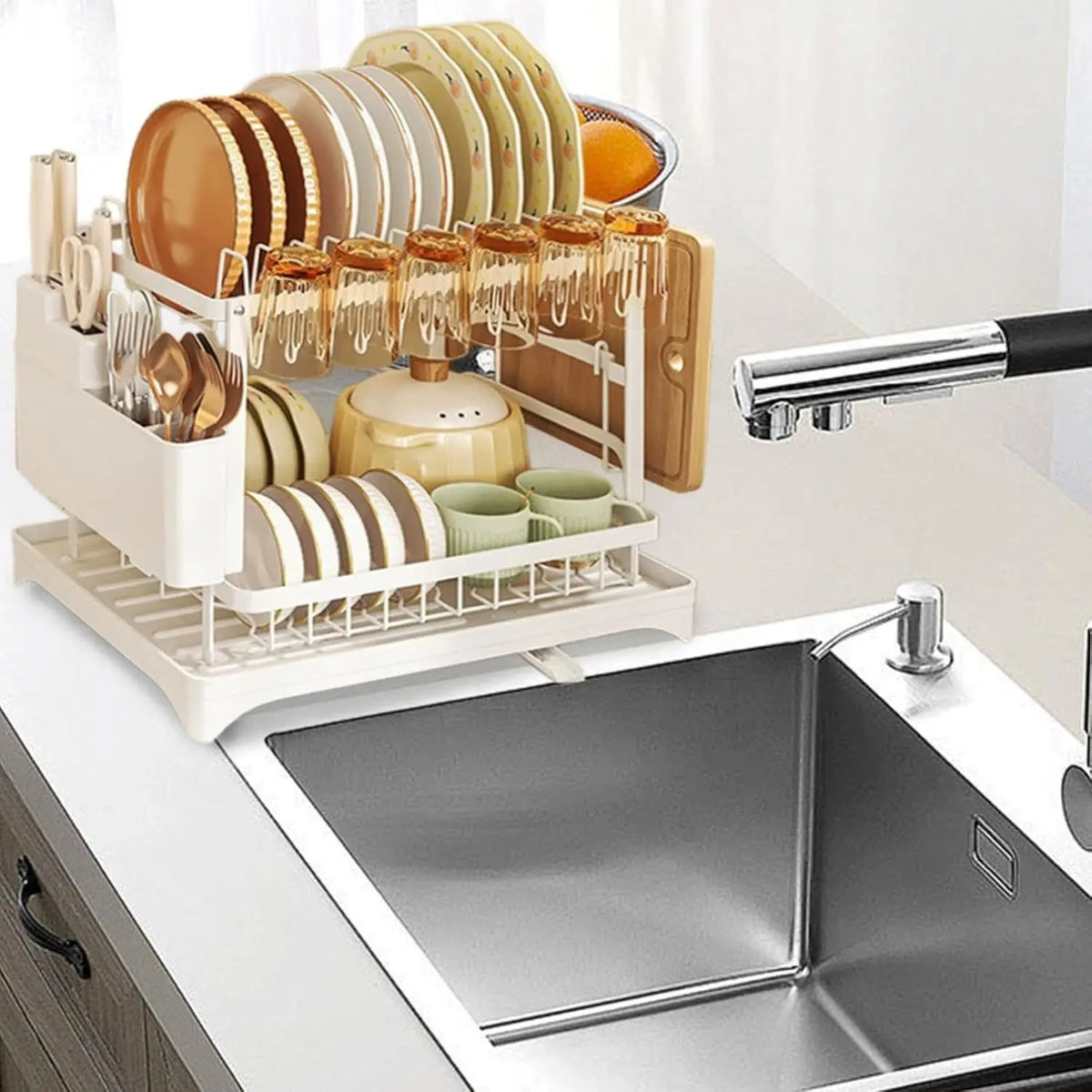 2-Tier Dish Drying Rack with Drainer Tray & Utensil Holder
