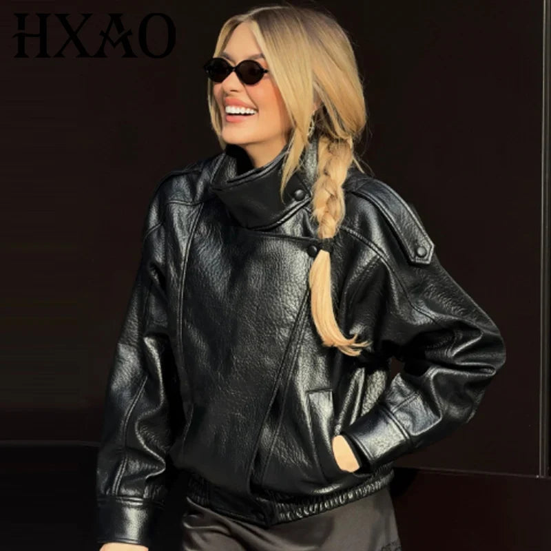 Women's Oversized Faux Leather Bomber Jacket – Zip-Up Cropped Coat