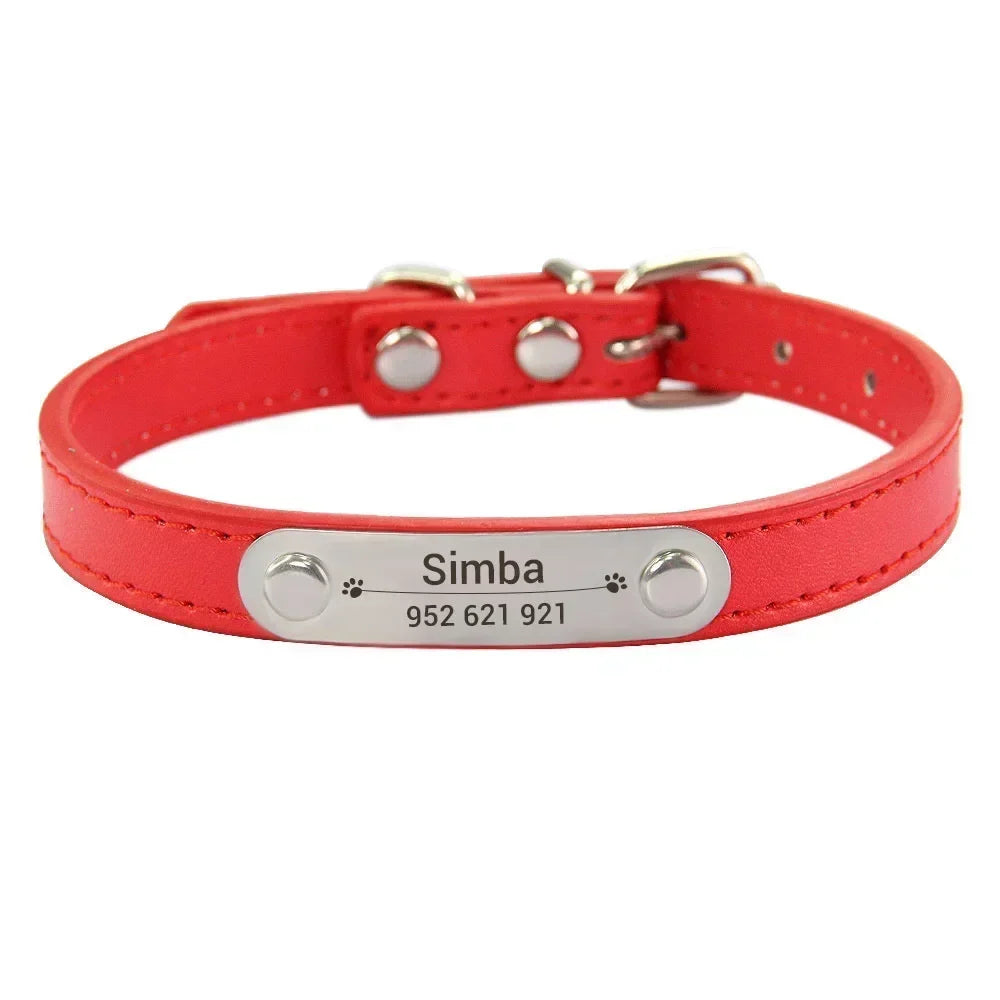Personalized Dog Collar Name Carved Id Anti-Lost Solid Pu Leather Small Medium Large Dogs Puppy Cat
