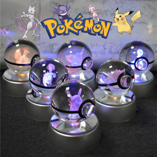 Pokemon Crystal Ball 3d Pikachu Gengar Mewtwo Night Light Lamp Pokeball Glass Statue Kids Birthday