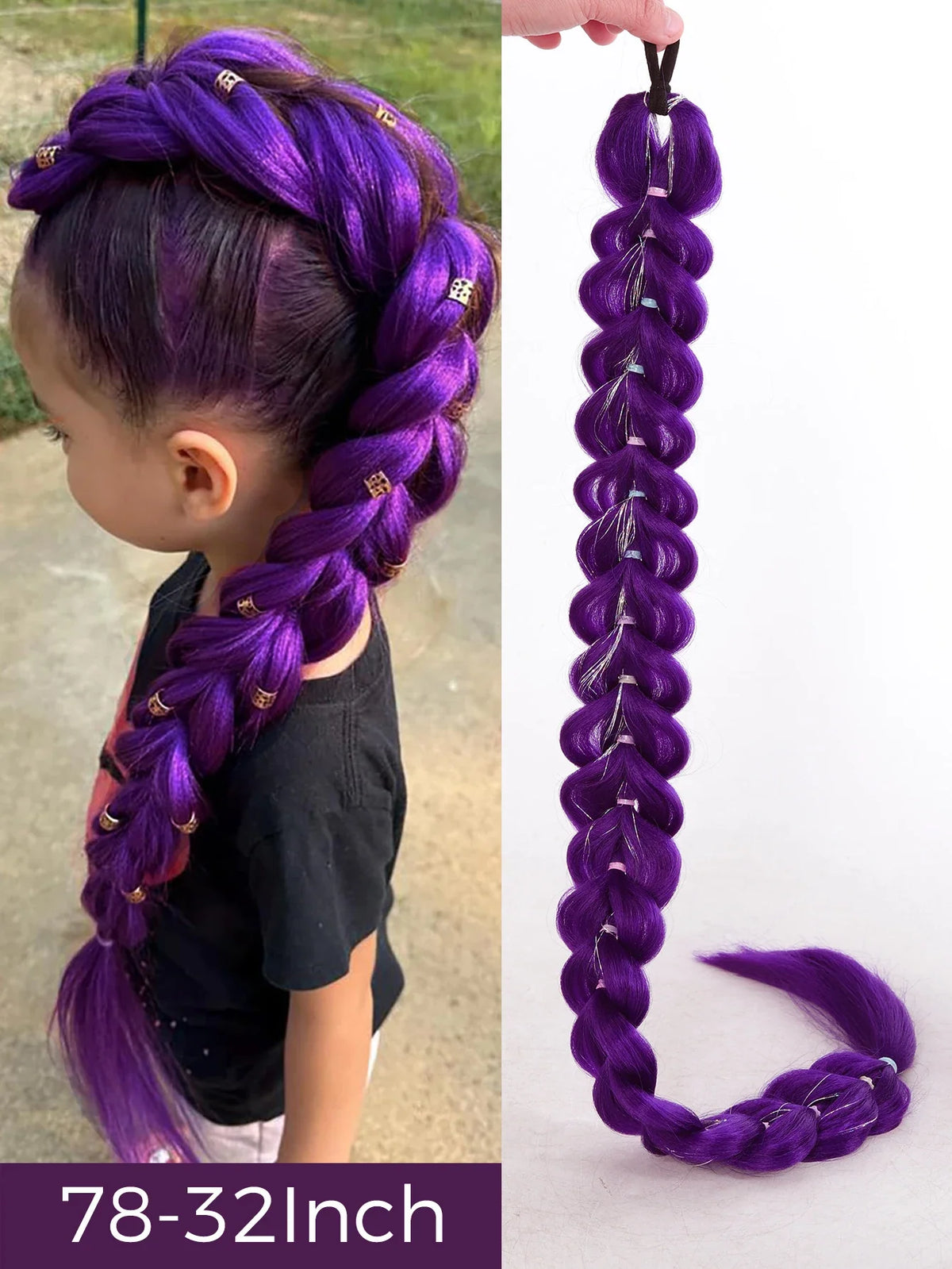 32 Inch Purple Braided Ponytail Hair Extension with Tinsel