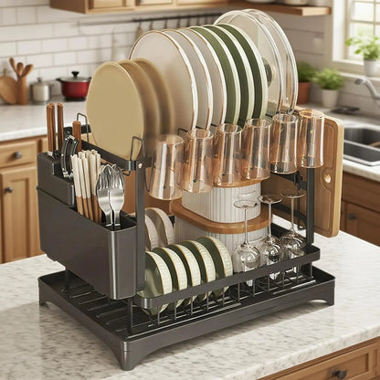 2-Tier Dish Drying Rack with Drainer Tray & Utensil Holder