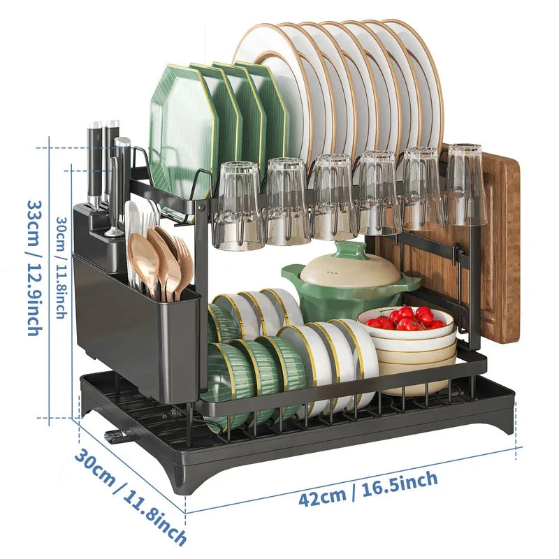 2-Tier Stainless Steel Dish Drying Rack with Drainboard & Utensil Holder
