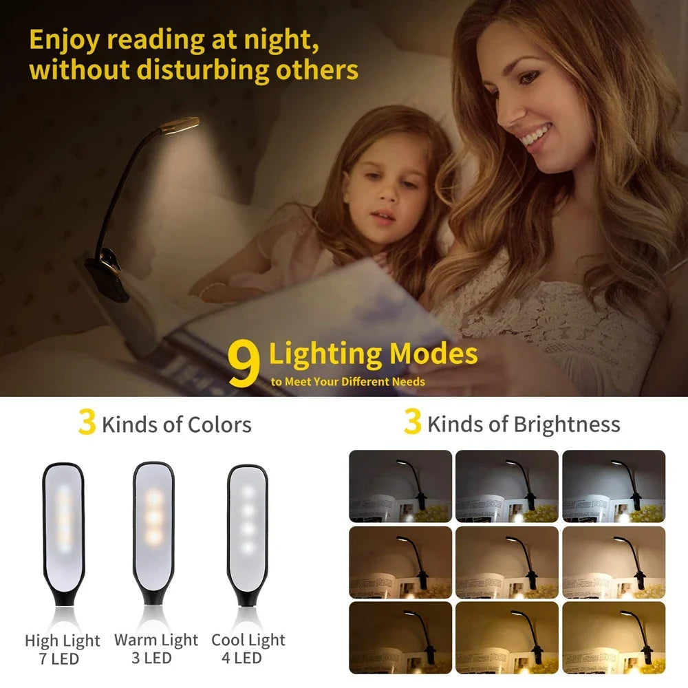 LED Book Light USB Rechargeable Clip-On Reading Lamp 7 LEDs 3 Color Modes