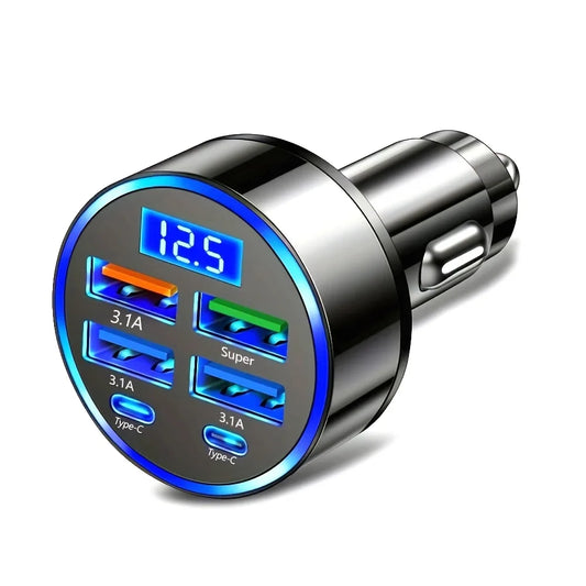 6-In-1 Fast Charging Car Adapter 3 1a Dual Type-C Digital Display Smartphones Tablets Power Banks