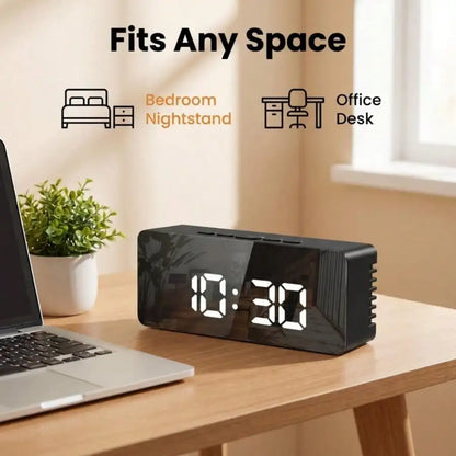 Digital Alarm Clock with Mirror Display & Adjustable Brightness