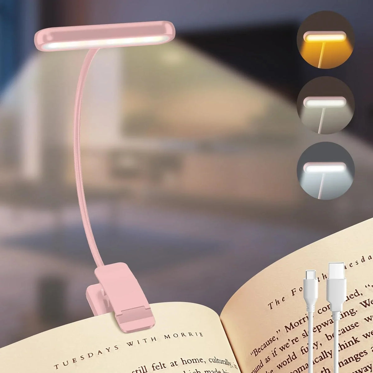 Clip-On Book Light USB Rechargeable – 14 LEDs, 3 Color Modes