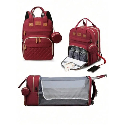 3-in-1 Diaper Bag Backpack – Foldable Baby Bed & USB Charging