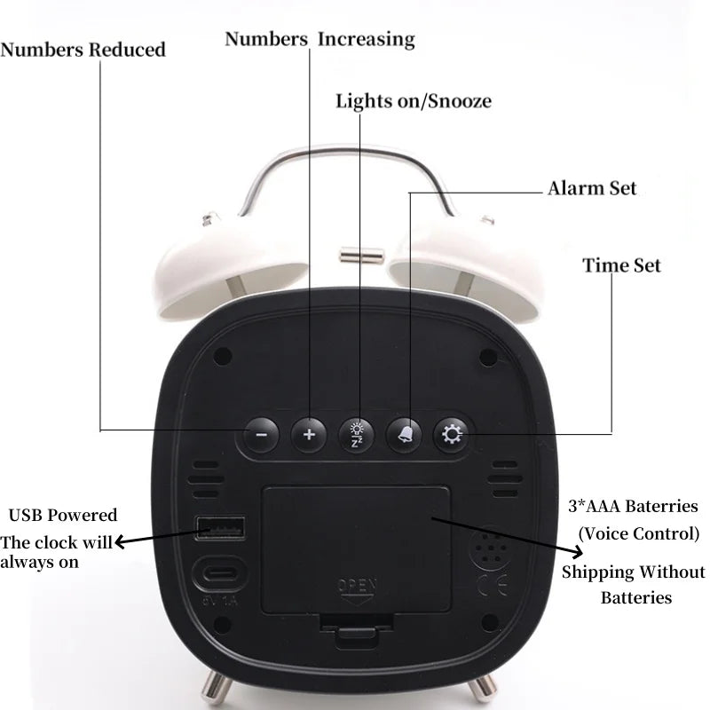 Double Bell Digital Alarm Clock – Voice Control, Super Loud, Night Mode