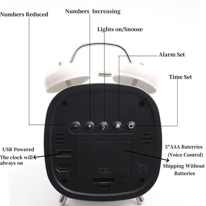 Double Bell Digital Alarm Clock – Voice Control, Super Loud, Night Mode