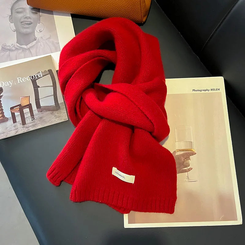 100% Wool Knitted Scarf – Women's Thick Solid Color Winter Shawl