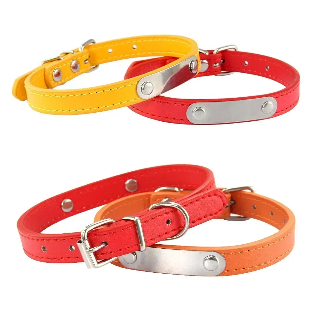 Personalized Dog Collar Name Carved Id Anti-Lost Solid Pu Leather Small Medium Large Dogs Puppy Cat