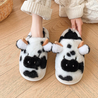 Cute Cartoon Cow Plush Platform Slippers for Women Winter Home Shoes