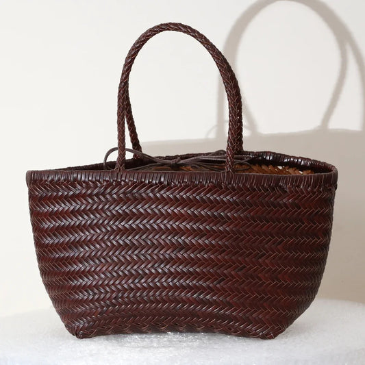 Genuine Leather Woven Shoulder Tote Bag for Women