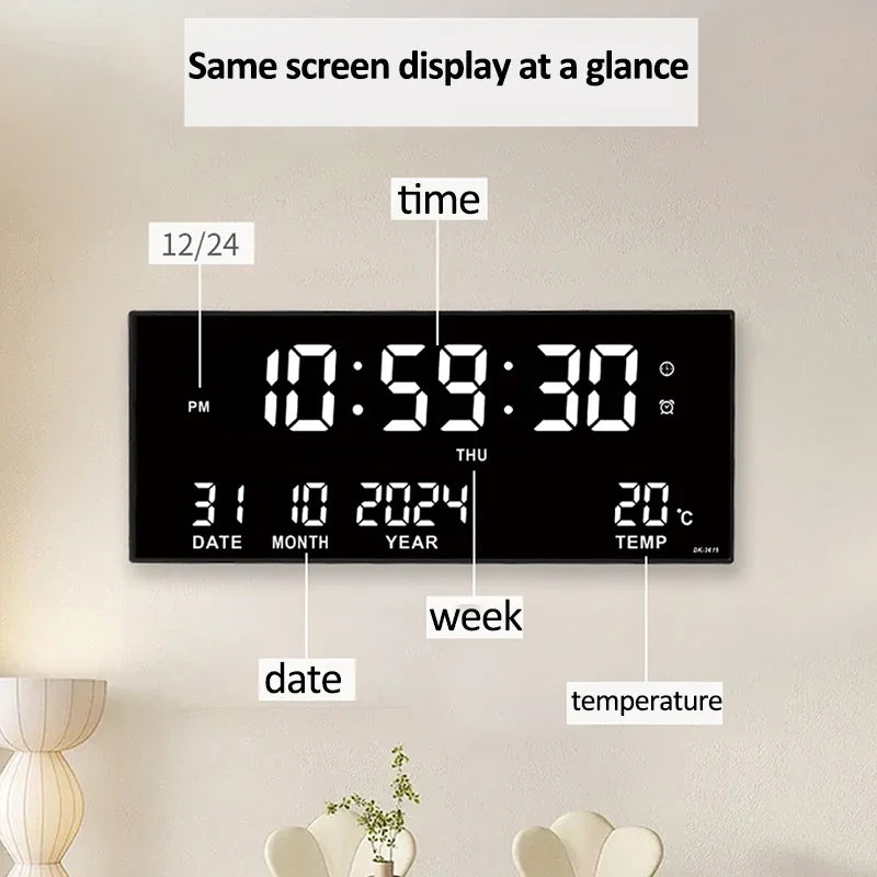 Large LED Digital Wall Clock with Alarm, Date & Temperature Display