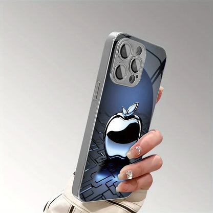 Tempered Glass iPhone Case – 3D Metal Apple Tech Pattern, Electroplated