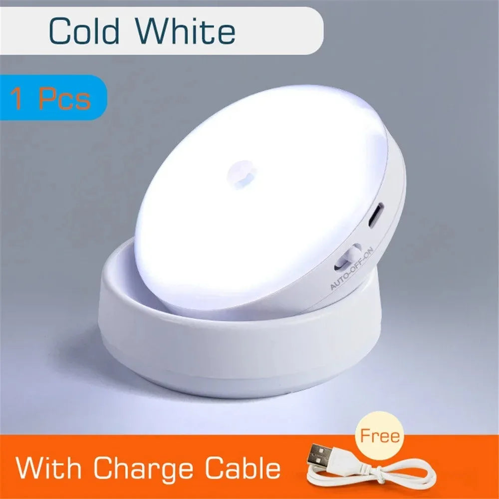 Motion Sensor Round LED Night Light – USB Rechargeable, Energy Saving